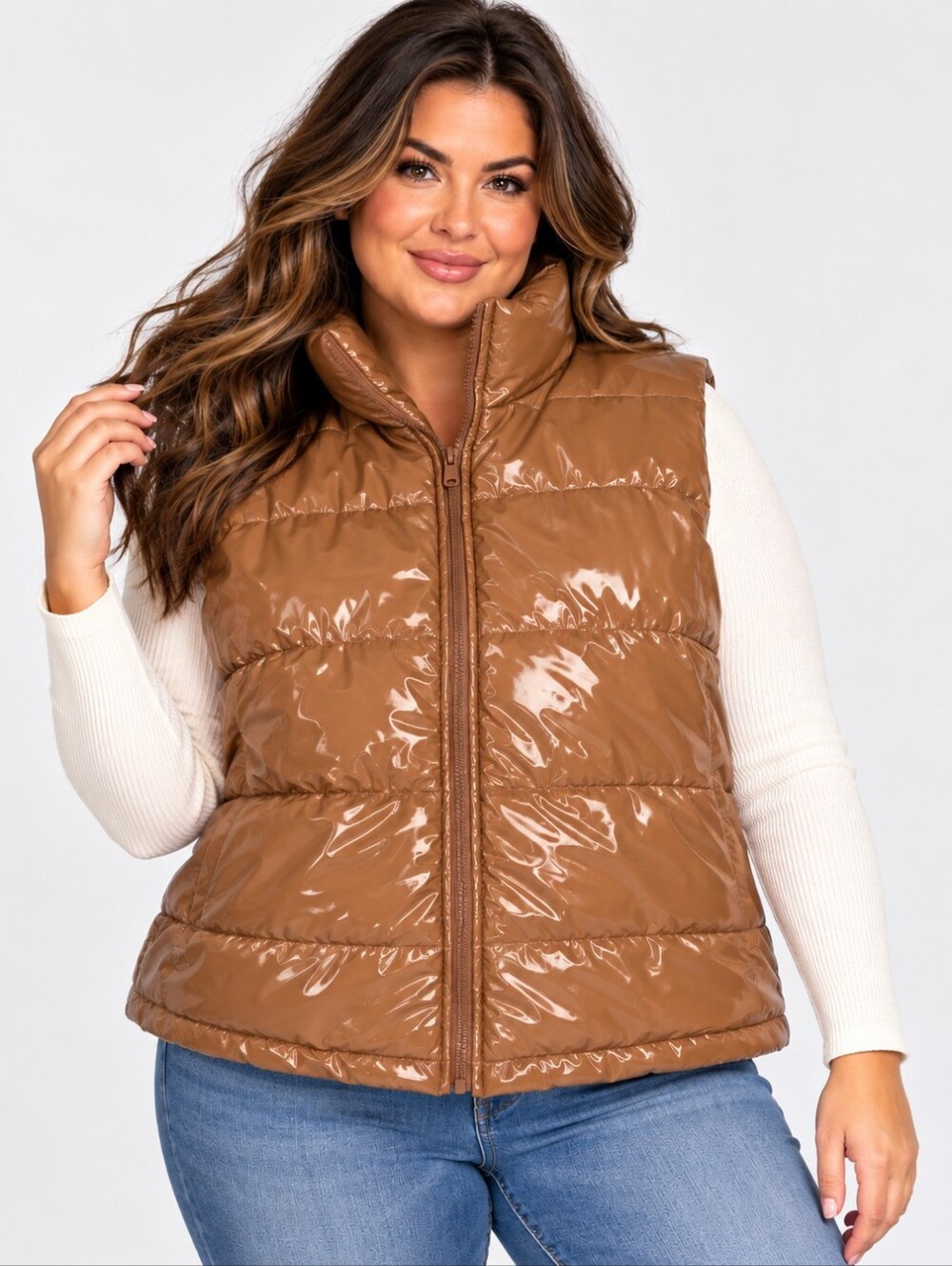 Daisy Women’s 2X Glossy Brown Puffer Vest Faux Leather Y2K Zip Up Plus Size